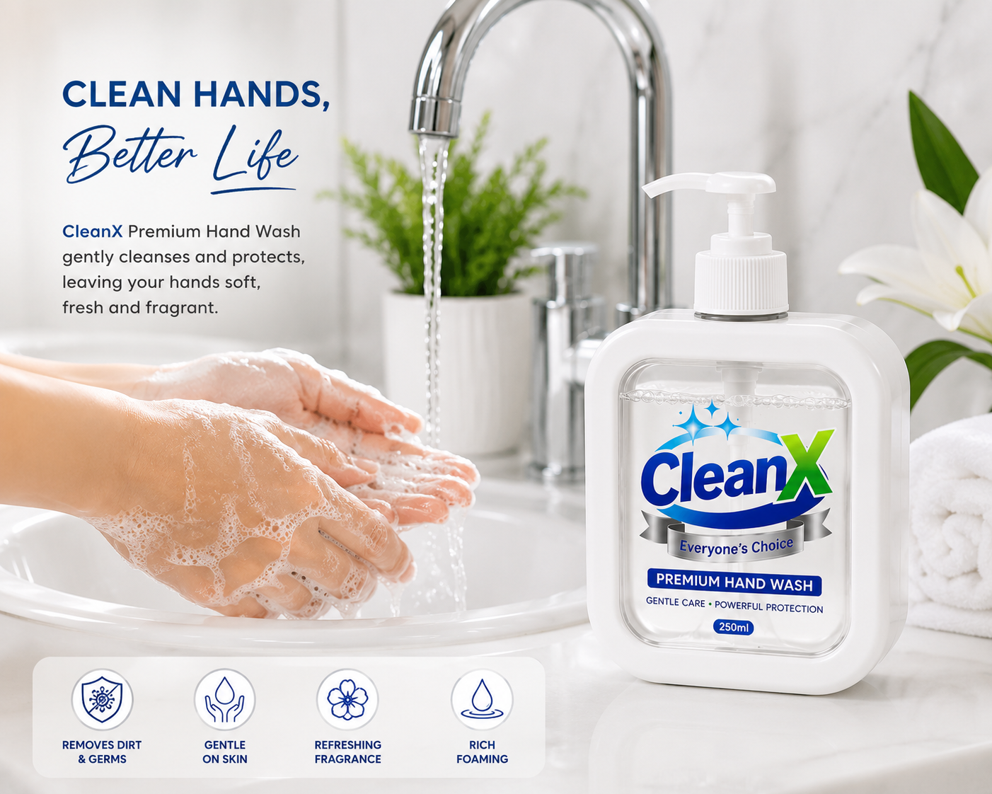 CleanX Premium Hand Wash – Pure White Care (250ml)