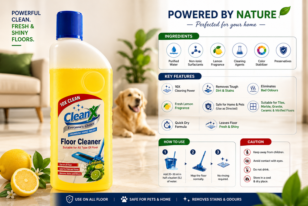 CleanX Floor Cleaner Liquid – Lemon Fragrance | Removes Stains & Odours | Safe for Home | 500ml