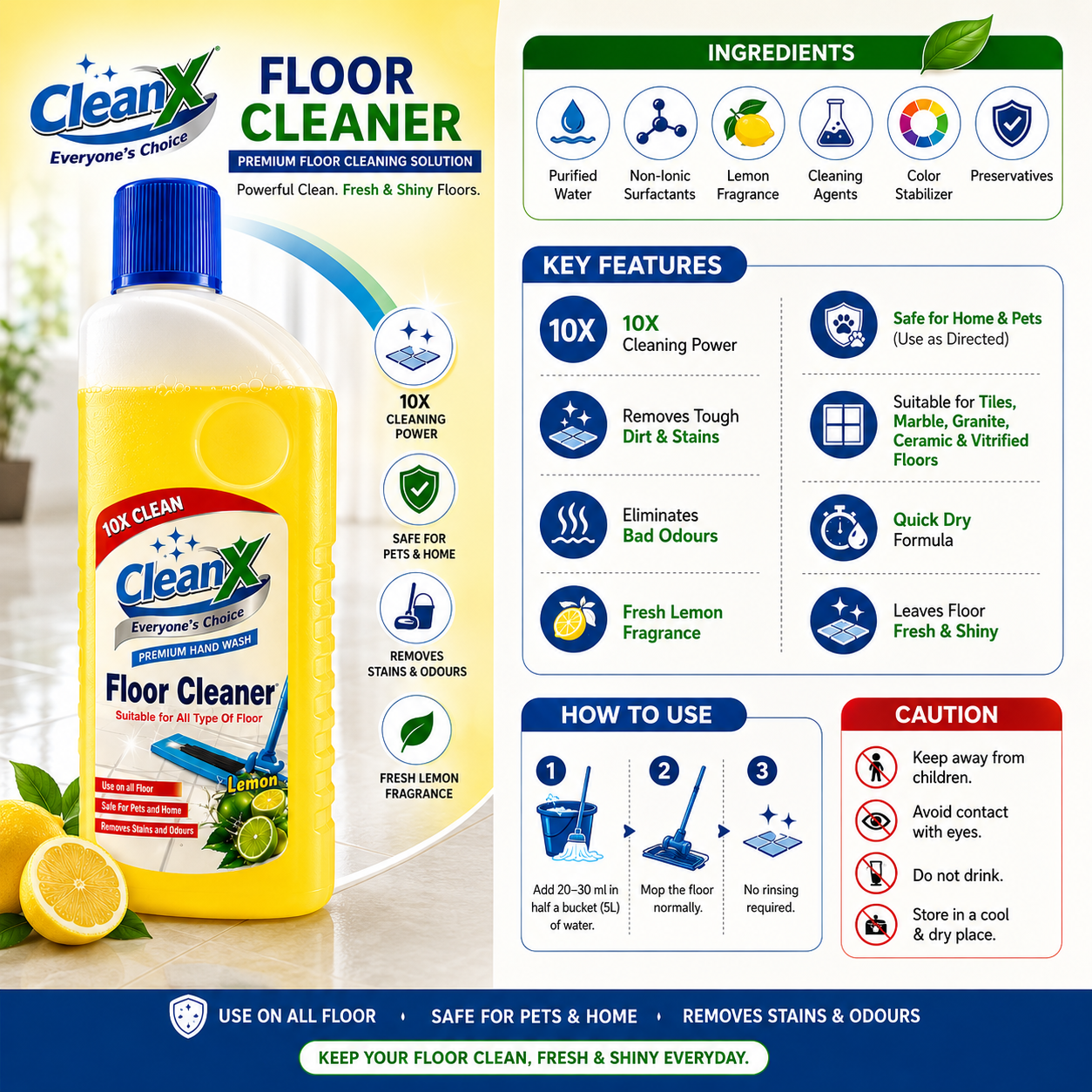 CleanX Floor Cleaner Liquid – Lemon Fragrance | Removes Stains & Odours | Safe for Home | 500ml