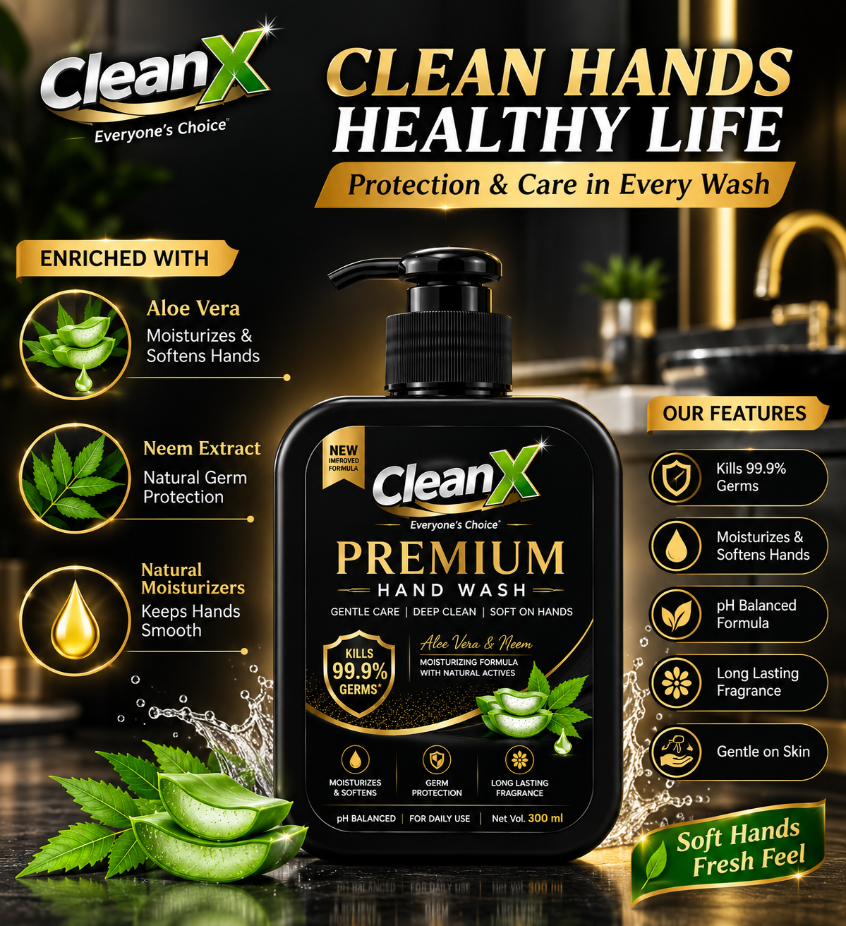 CleanX Premium Hand Wash | Aloe Vera & Neem | Moisturizing |300ml