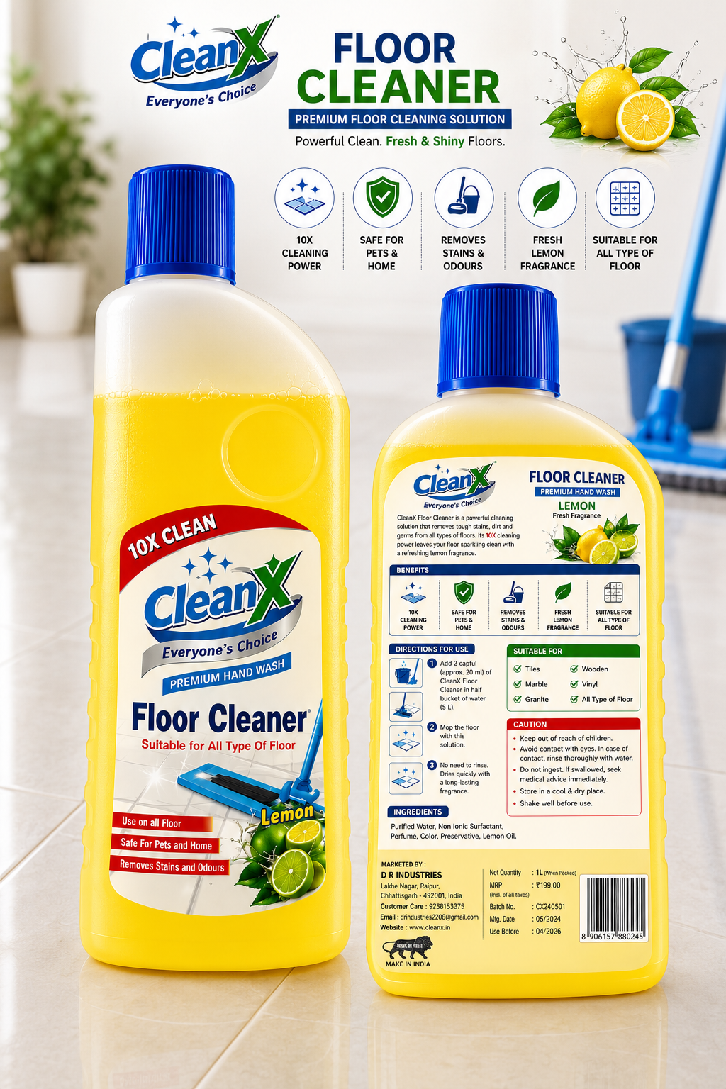 CleanX Floor Cleaner Liquid – Lemon Fragrance | Removes Stains & Odours | Safe for Home | 500ml