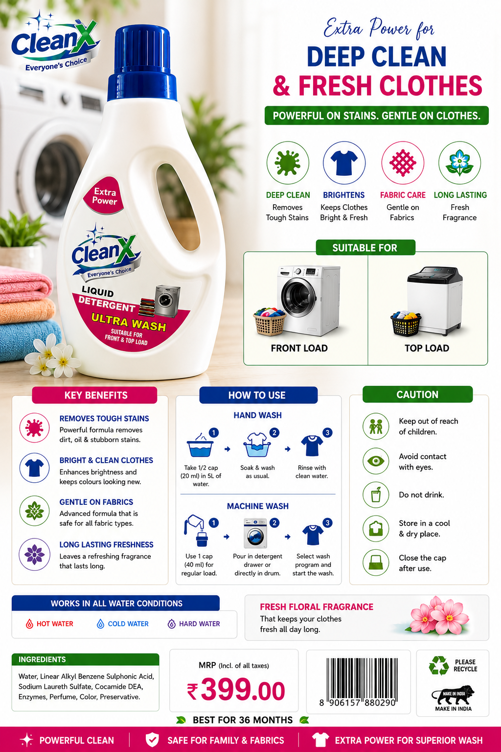 CleanX Liquid Detergent Ultra Wash | Front & Top Load Washing Machine Liquid | Deep Clean | 1L