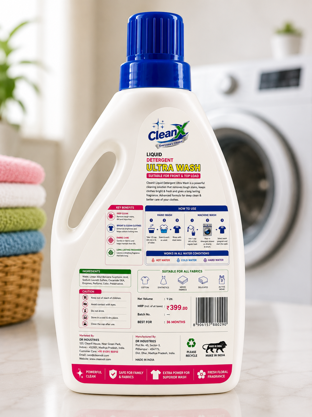 CleanX Liquid Detergent Ultra Wash | Front & Top Load Washing Machine Liquid | Deep Clean | 1L