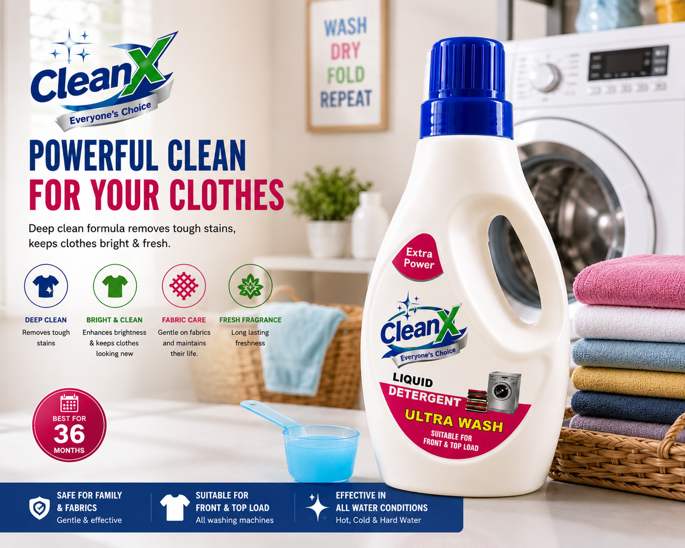 CleanX Liquid Detergent Ultra Wash | Front & Top Load Washing Machine Liquid | Deep Clean | 1L